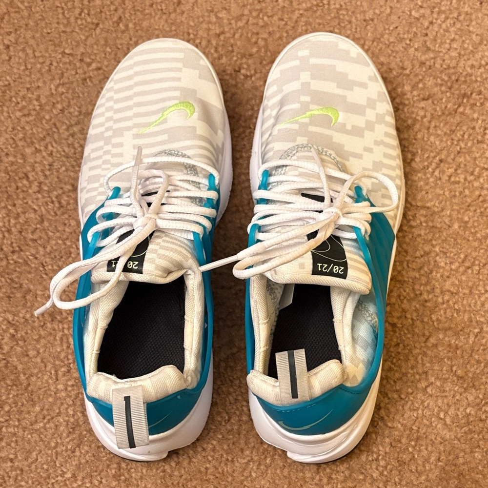 Nike White Teal Athletic Sneakers with Neon Lime Swoosh